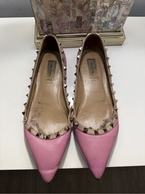 Valentino Pink Leather Pointed Rockstud Ballet Flats